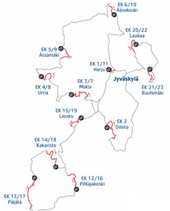 Neste Rallyn osakilpailun päivittäiset ajoreitit karttana.