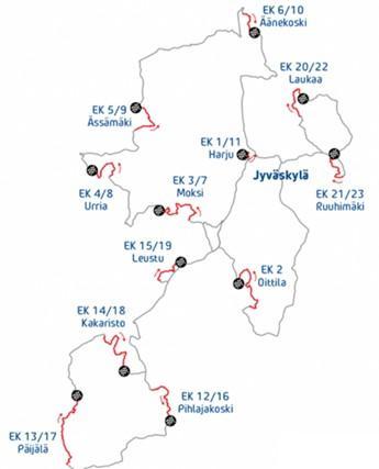 Neste Rallyn osakilpailun päivittäiset ajoreitit karttana.