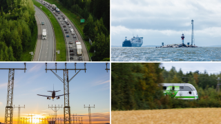 Kollaasi maalla, merellä, ilmassa